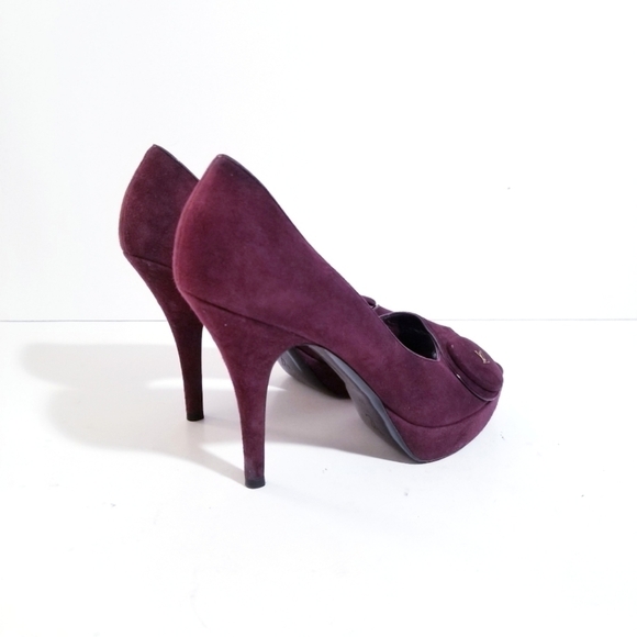 LOUIS VUITTON Chelsea Open Toe Aubergine Suede Leather Pumps 37 US 7 - Picture 4 of 16